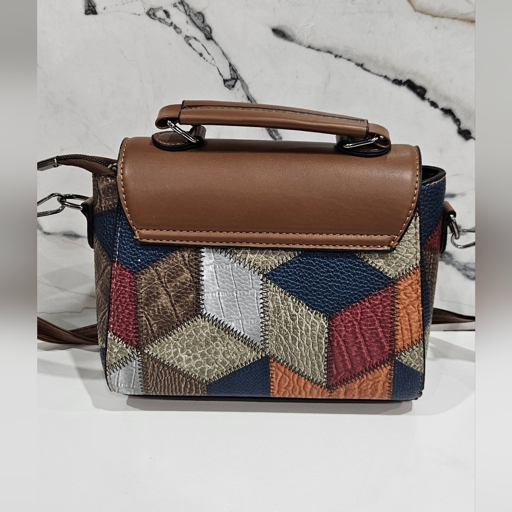 Colorblock Patchwork Geometric Leather Women Retr… - image 3